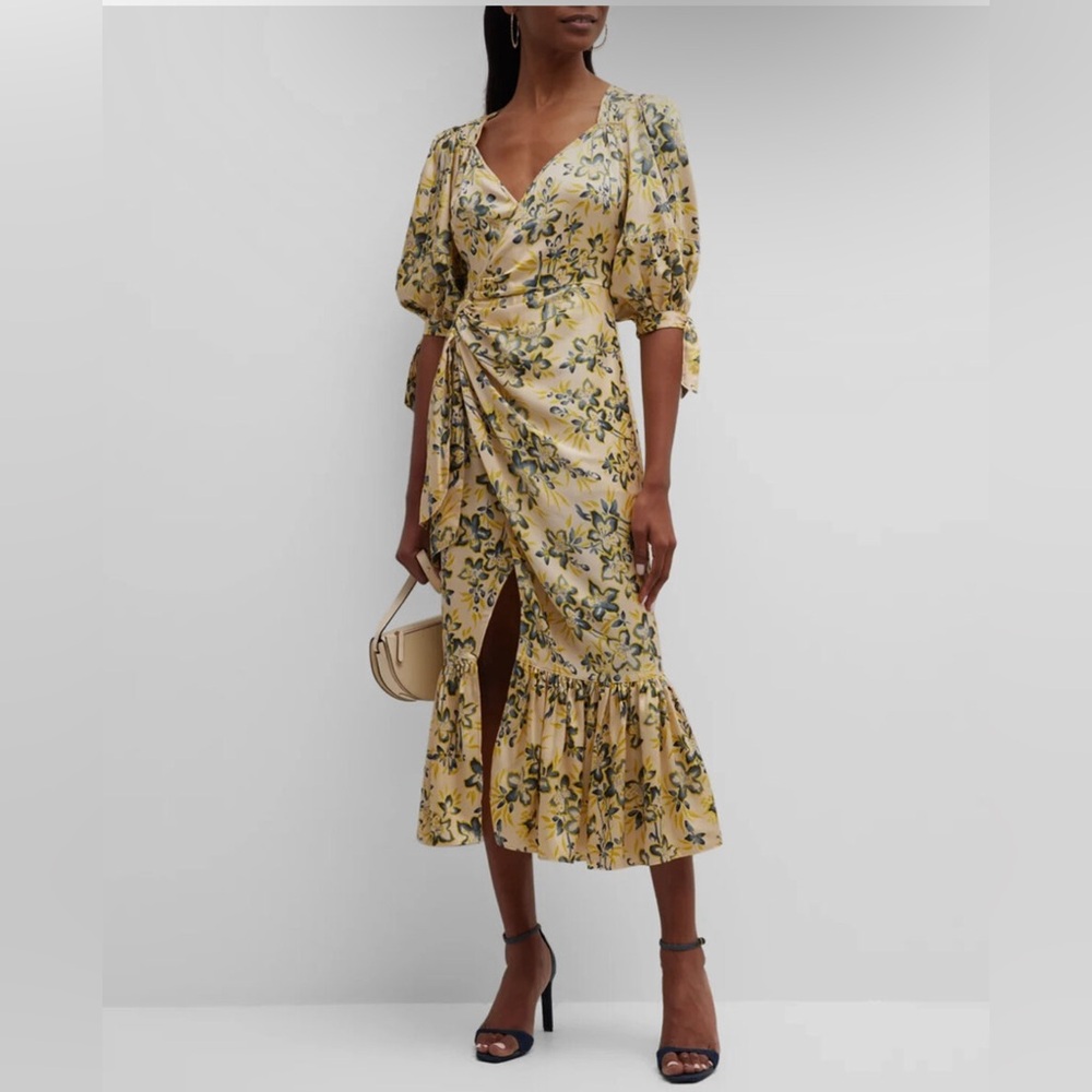 cinq a sept Yellow Floral Ruched Midi Dress